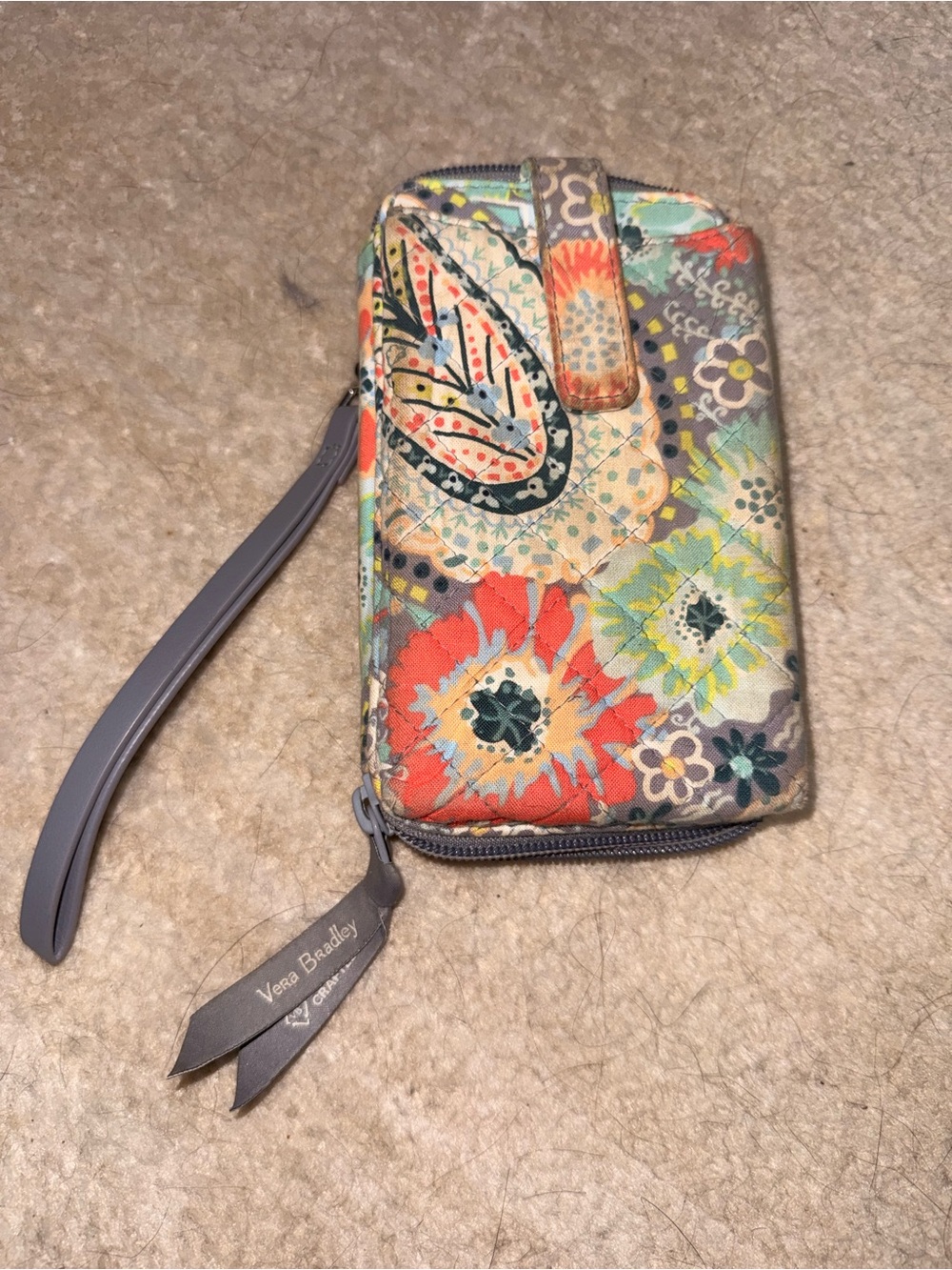 Vera Bradley Gray Floral Zip Wallet Wristlet with Multicolor Blooms
